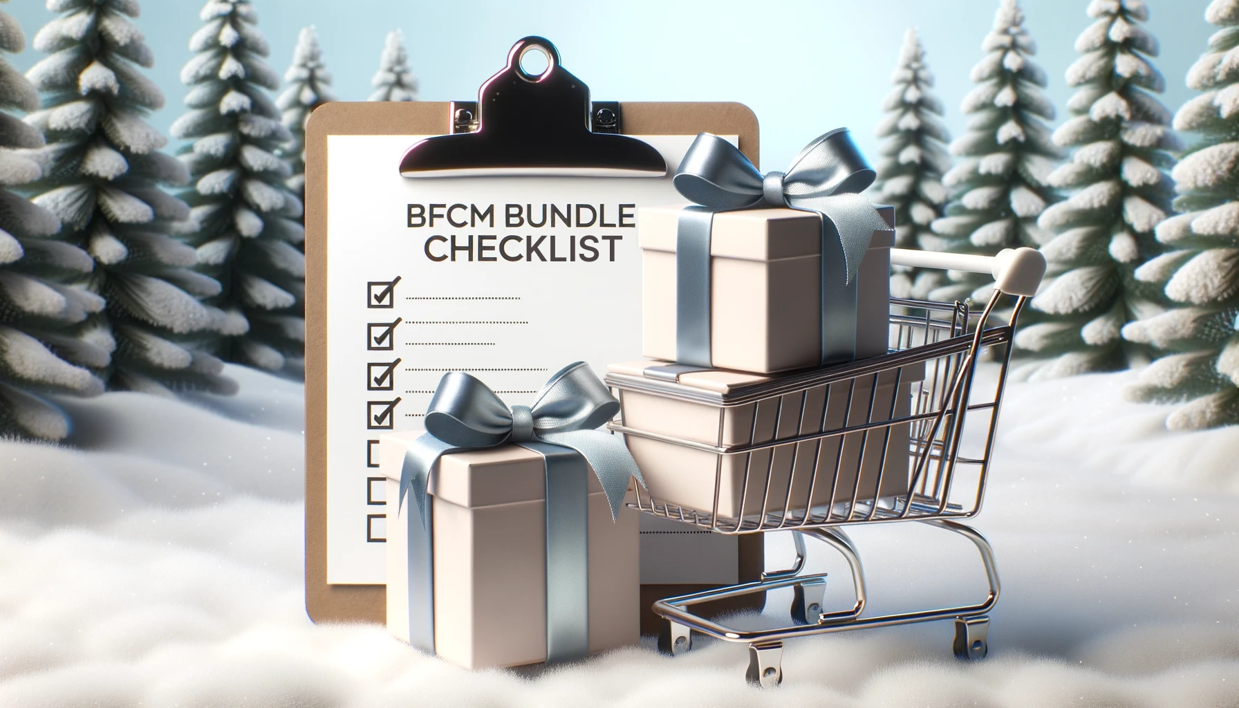 A checklist that says "BFCM bundle checklist," which sits behind a shopping cart and gifts. The background is a snowy terrai