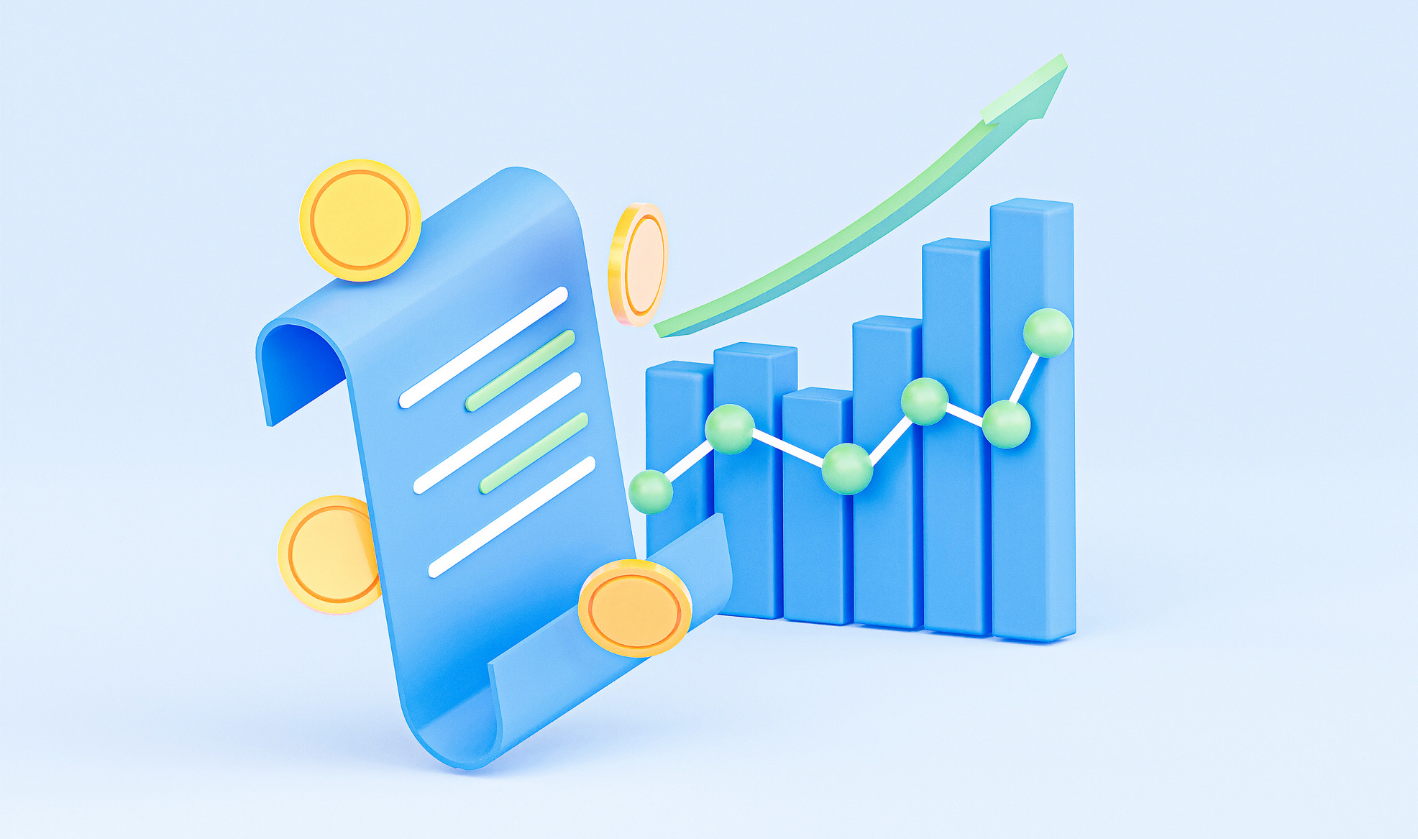 Image showing a blue scroll and growth chart with coins floating around it.